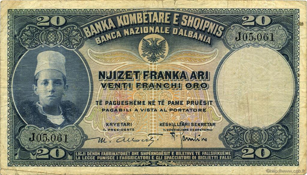 20 Franka Ari ALBANIA  1926 P.03a F+