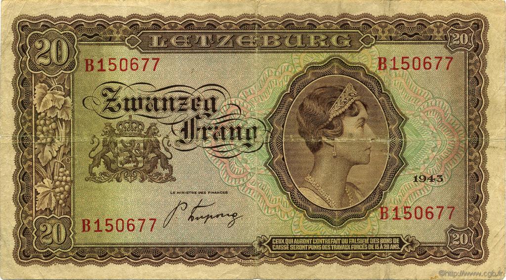 20 Frang LUXEMBOURG  1943 P.42a F - VF