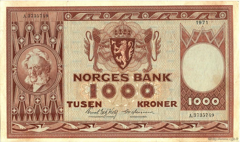 1000 Kroner NORVÈGE  1971 P.35e MBC