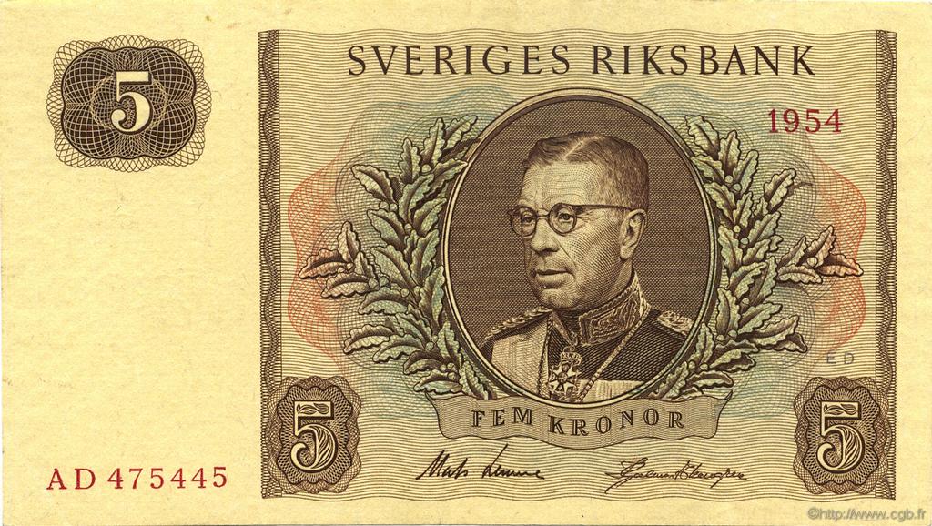 5 Kronor SWEDEN  1954 P.42a AU