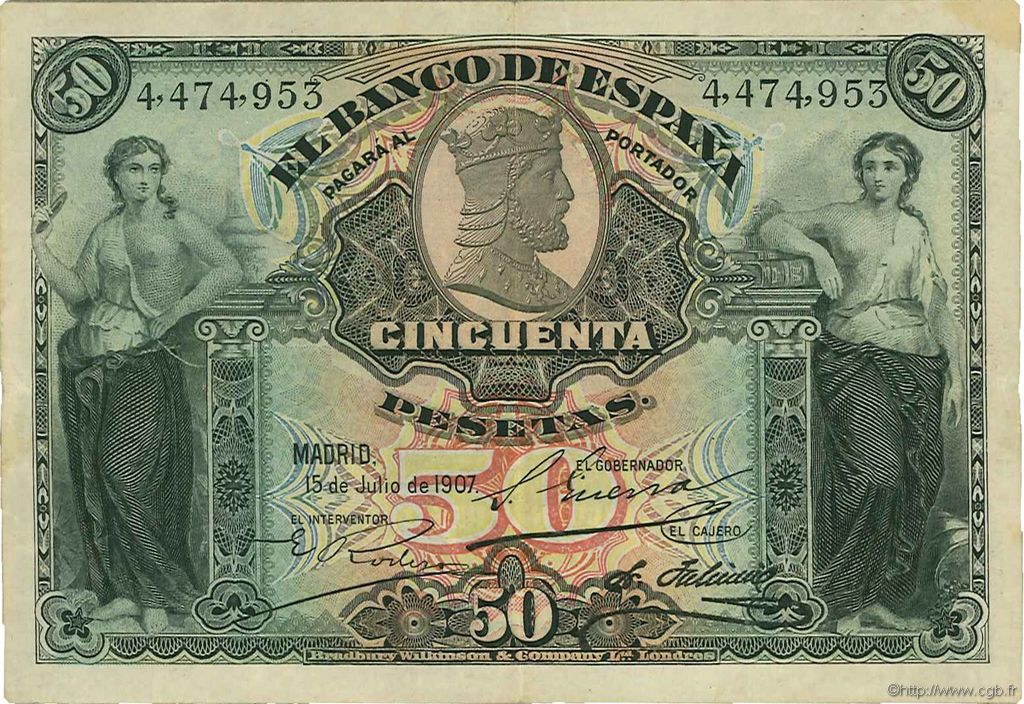 50 Pesetas ESPAÑA  1907 P.063a MBC+
