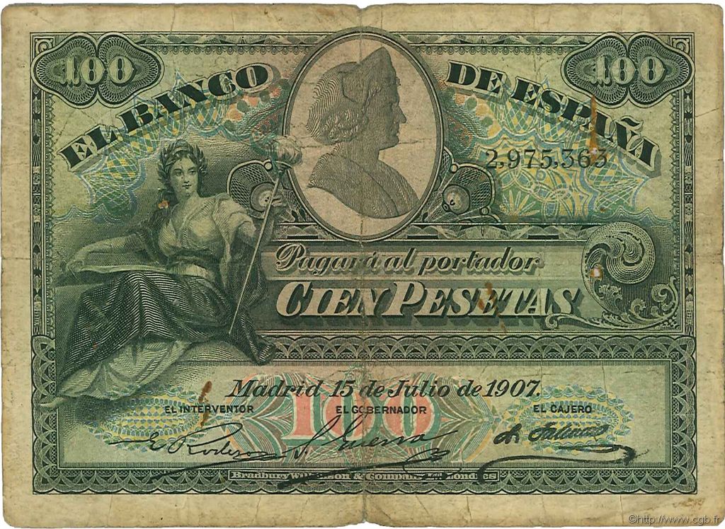 100 Pesetas SPAIN  1907 P.064a G