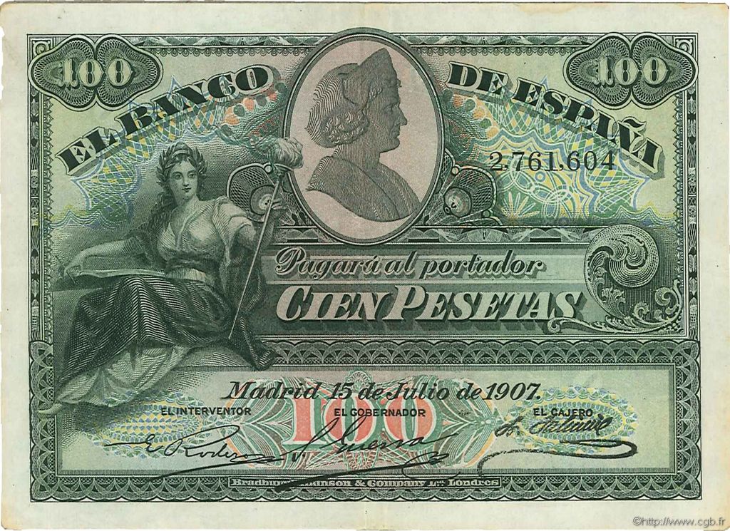 100 Pesetas ESPAÑA  1907 P.064a MBC+
