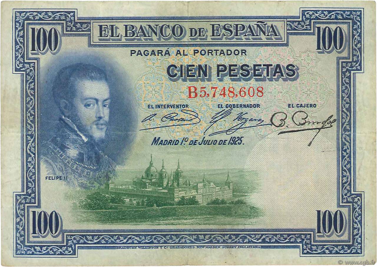 100 Pesetas ESPAÑA  1925 P.069a BC a MBC