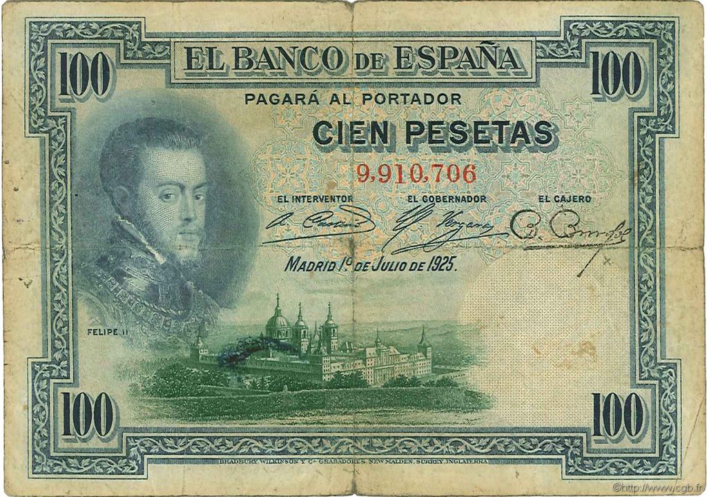 100 Pesetas SPAIN  1925 P.069b VG