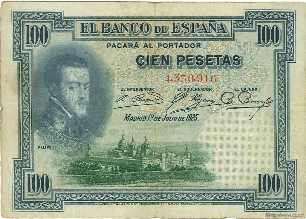 100 Pesetas SPAGNA  1925 P.069b MB