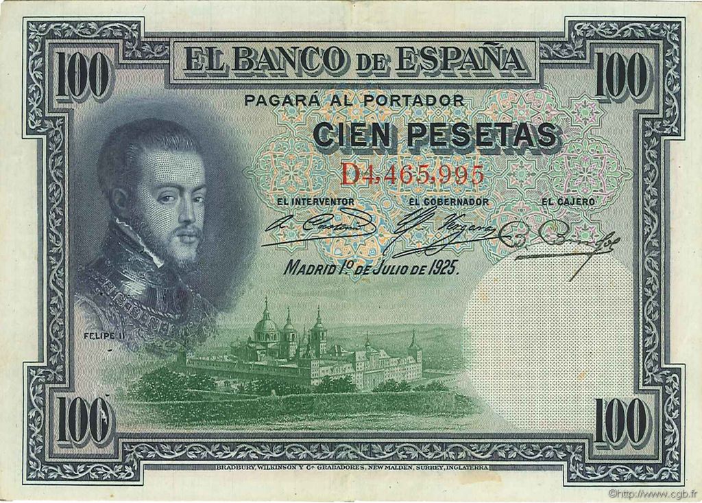 100 Pesetas SPANIEN  1925 P.069c fVZ