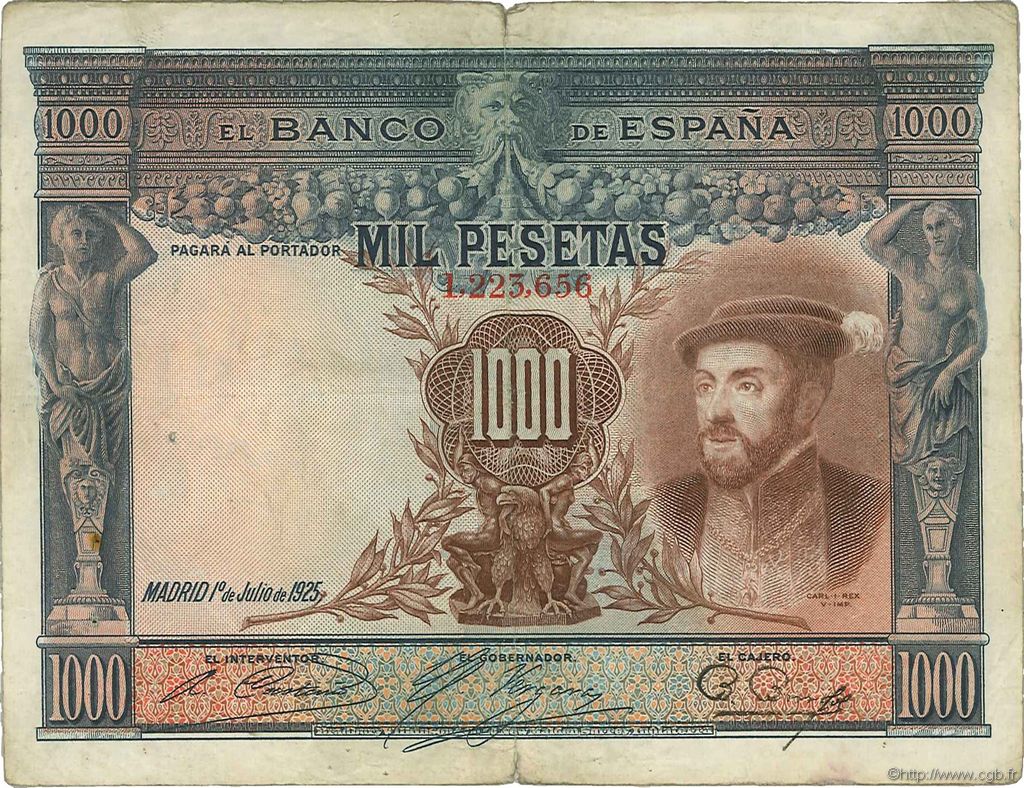 1000 Pesetas SPAIN  1925 P.070a F+