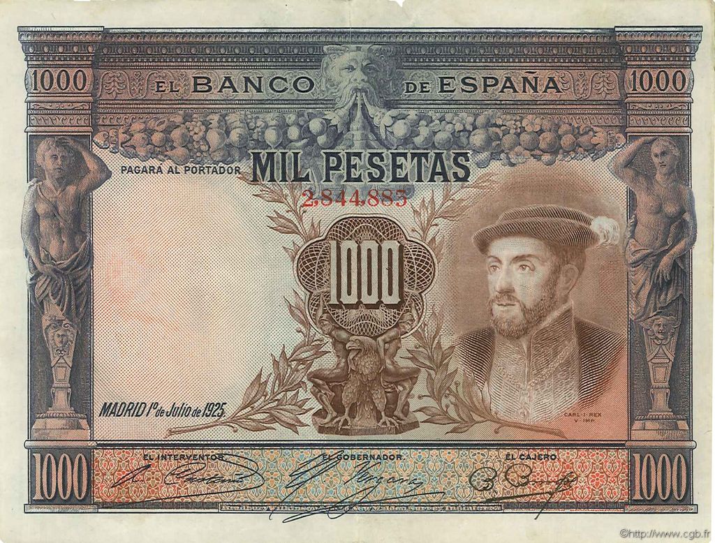 1000 Pesetas SPAIN  1925 P.070a VF