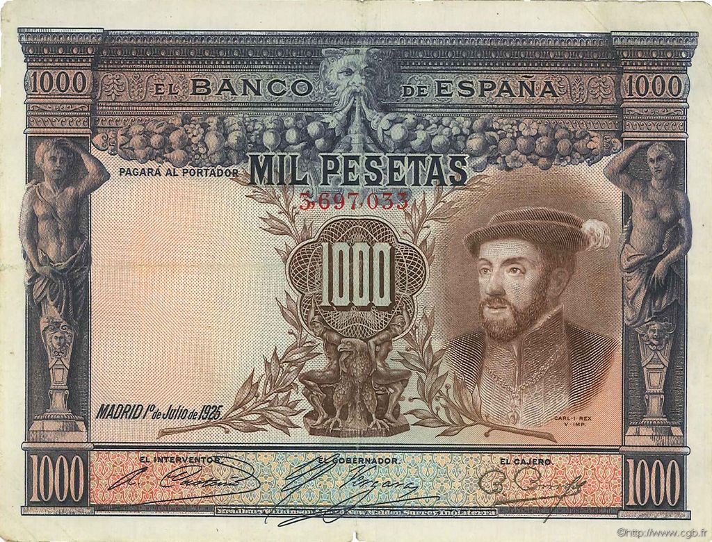 1000 Pesetas SPAIN  1925 P.070c VF-