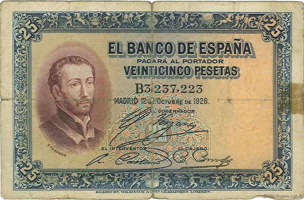 25 Pesetas SPAIN  1926 P.071a VG