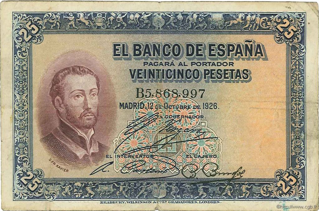 25 Pesetas SPANIEN  1926 P.071a fSS