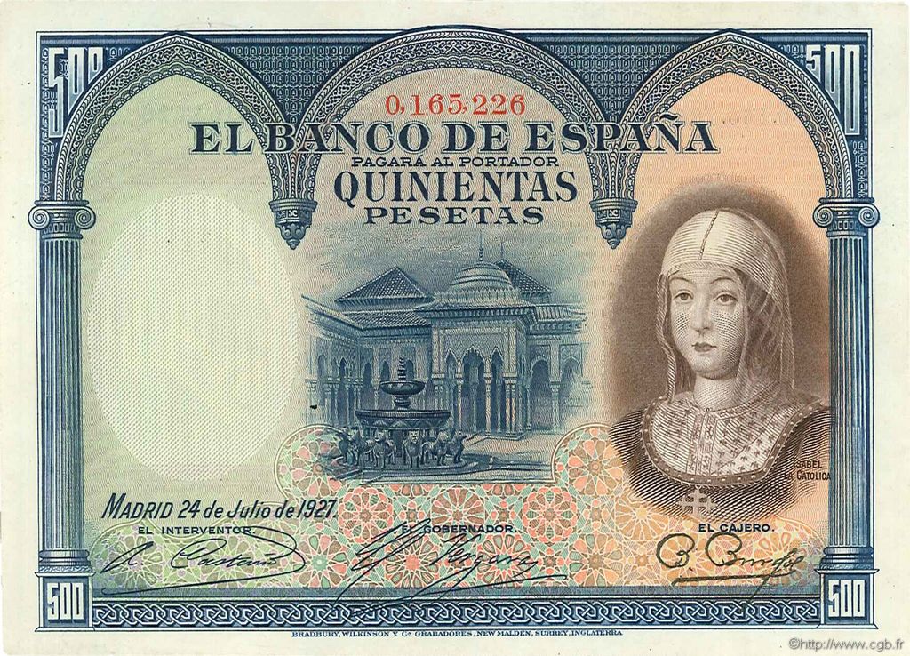 500 Pesetas ESPAÑA  1927 P.073a EBC+