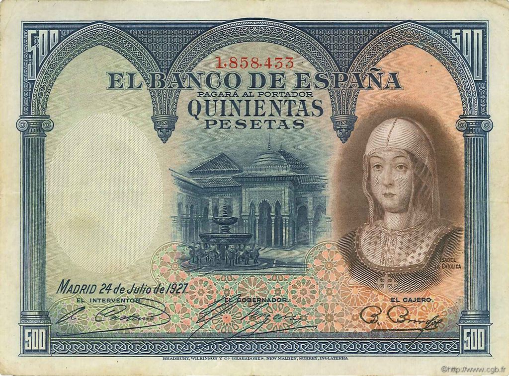 500 Pesetas SPAIN  1927 P.073c VF+