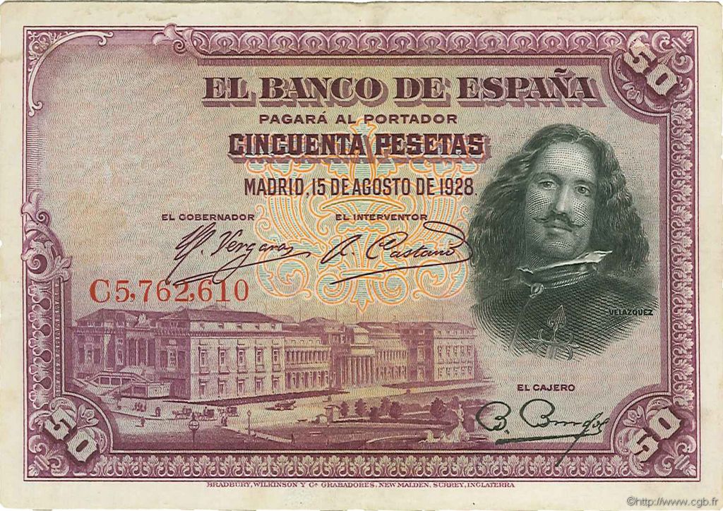 50 Pesetas SPANIEN  1928 P.075b fVZ