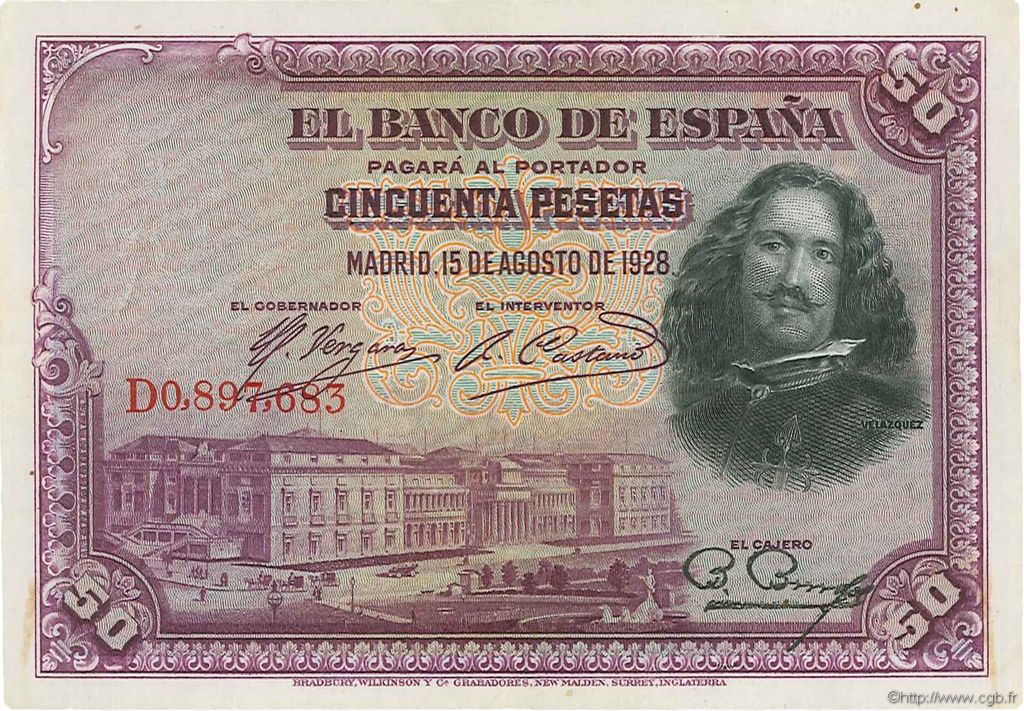 50 Pesetas SPANIEN  1928 P.075b VZ+