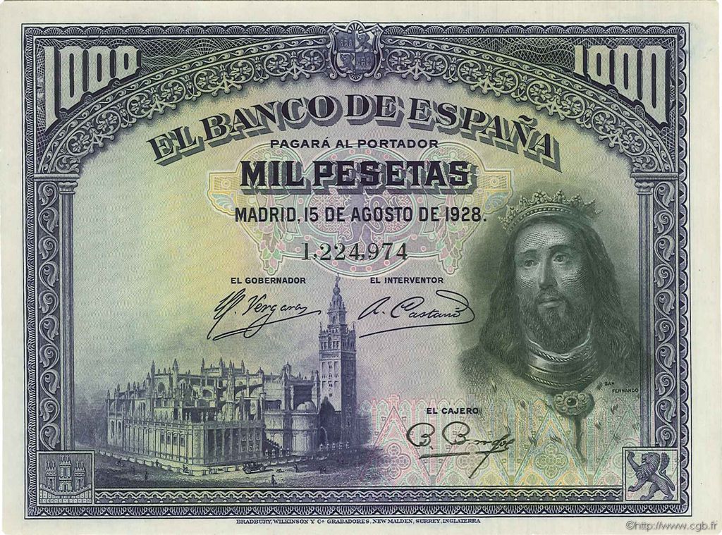 1000 Pesetas SPANIEN  1928 P.078a fST+