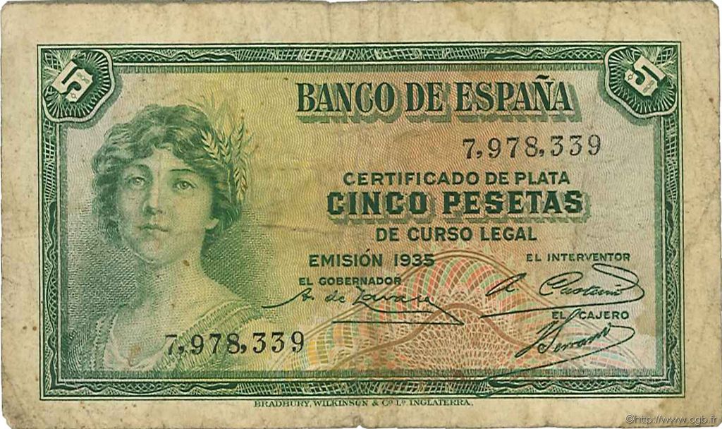 5 Pesetas SPAIN  1935 P.085a F