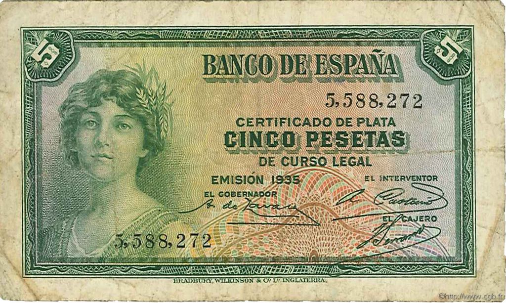 5 Pesetas SPANIEN  1935 P.085a SS