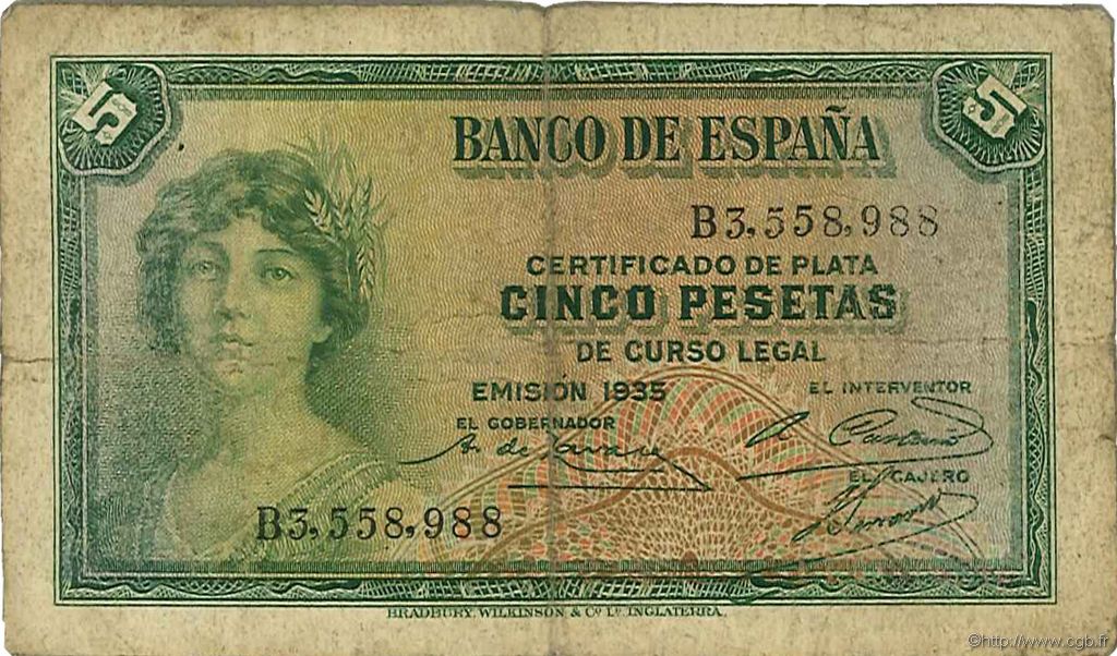 5 Pesetas SPAIN  1935 P.085a G
