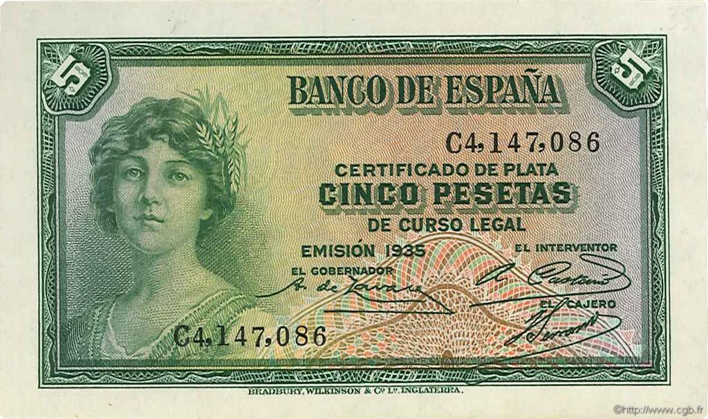 5 Pesetas SPAIN  1935 P.085a AU