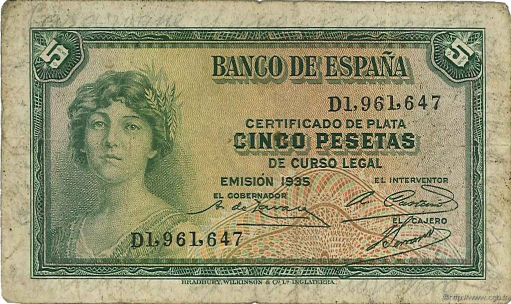 5 Pesetas SPANIEN  1935 P.085a fS