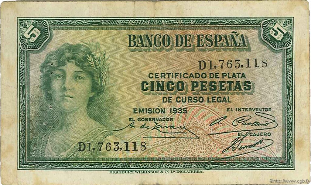 5 Pesetas SPAIN  1935 P.085a F+