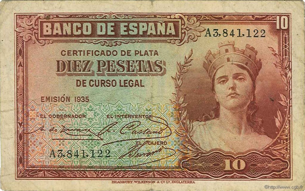 10 Pesetas ESPAÑA  1936 P.086a BC