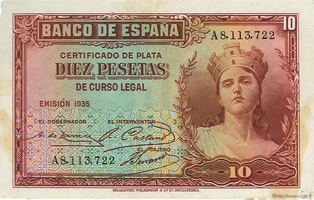 10 Pesetas SPANIEN  1935 P.086a VZ