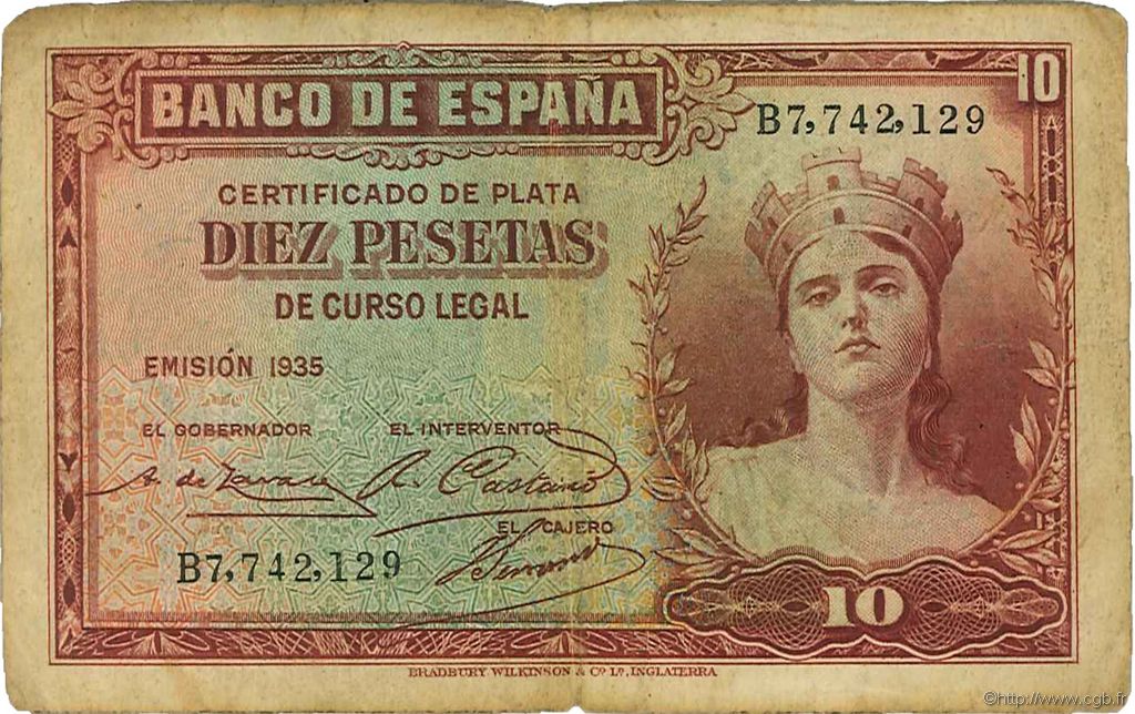 10 Pesetas ESPAÑA  1935 P.086a BC