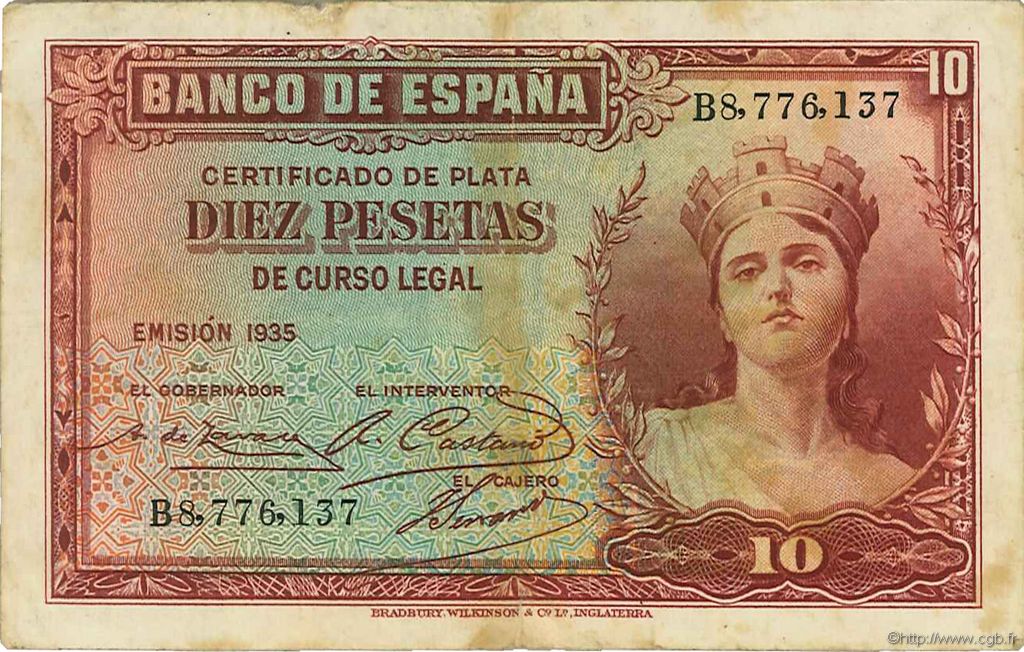 10 Pesetas ESPAÑA  1935 P.086a BC a MBC