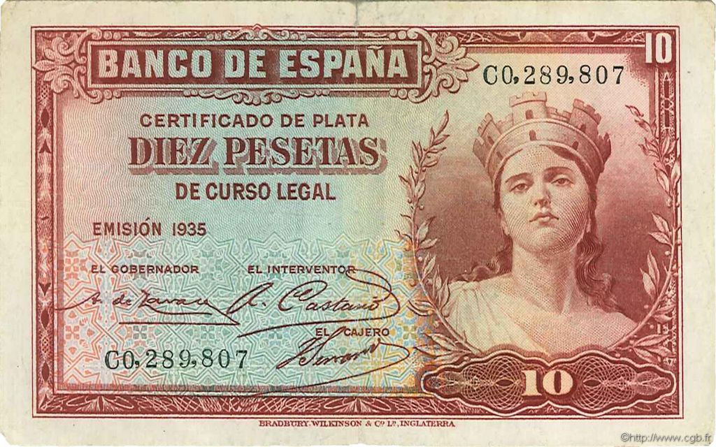 10 Pesetas SPANIEN  1935 P.086a SS