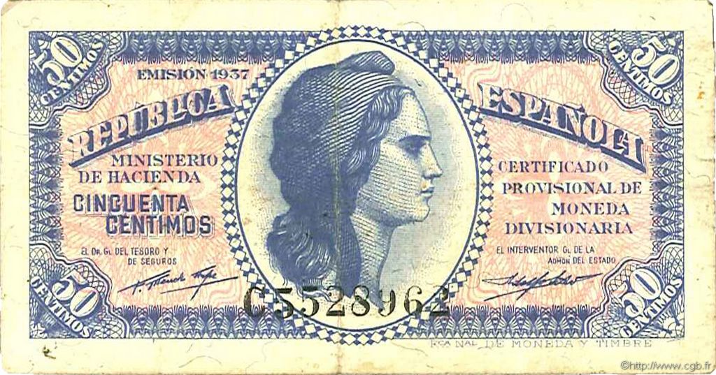 50 Centimos SPANIEN  1937 P.093 SS