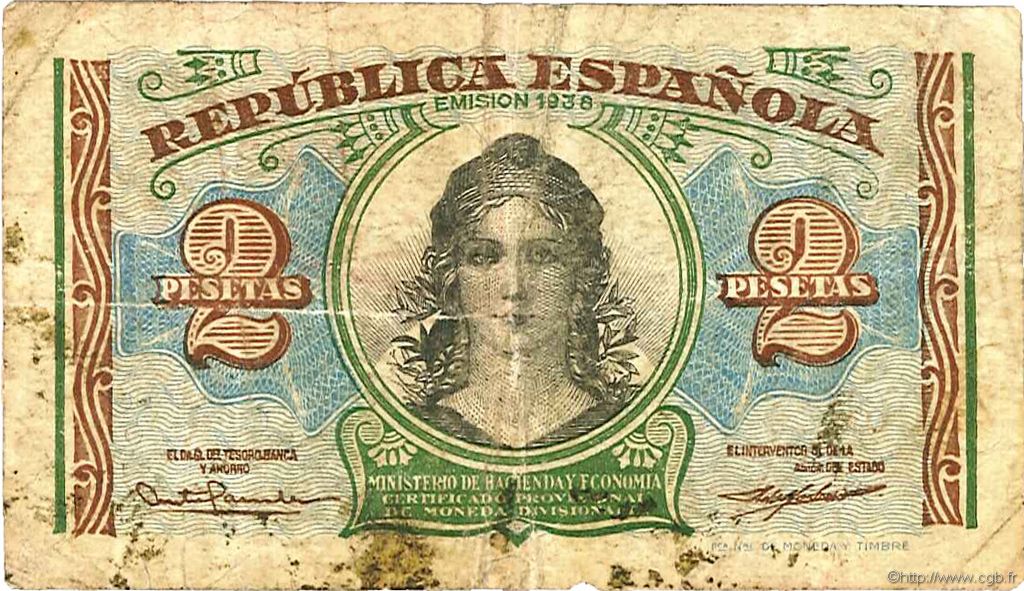 2 Pesetas SPAIN  1938 P.095 F