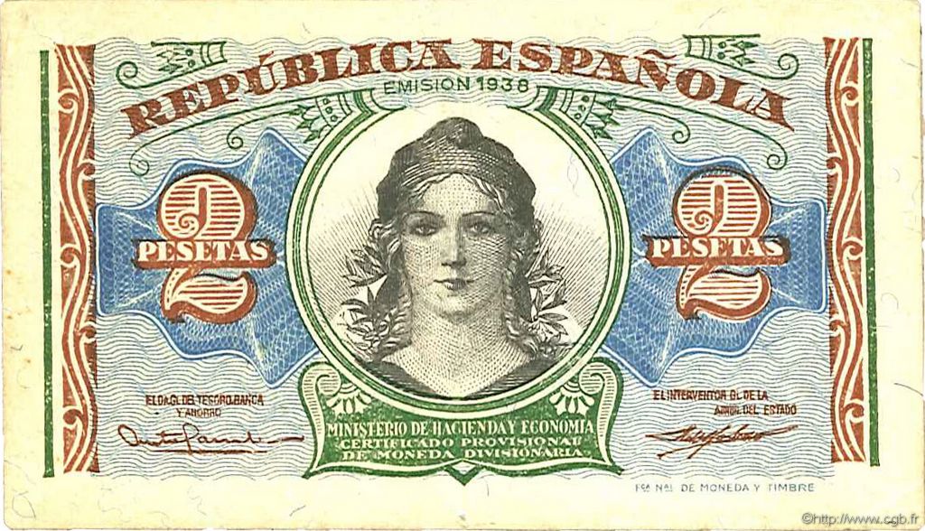 2 Pesetas SPANIEN  1938 P.095 VZ+
