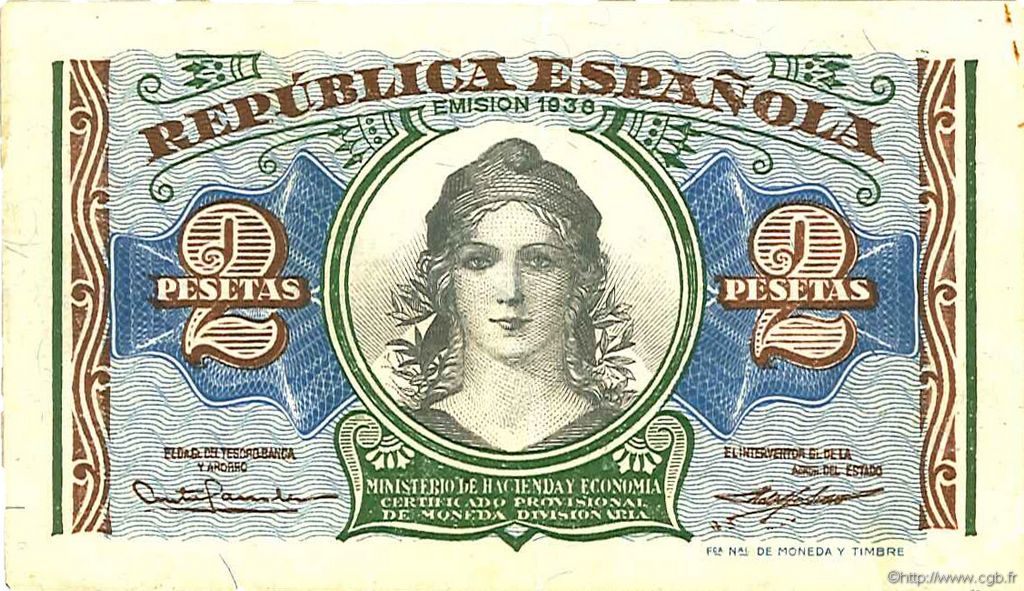 2 Pesetas SPANIEN  1938 P.095 VZ