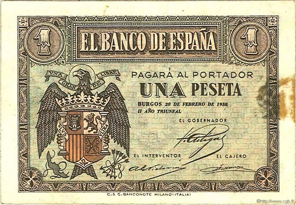 1 Peseta SPANIEN  1938 P.107a fVZ