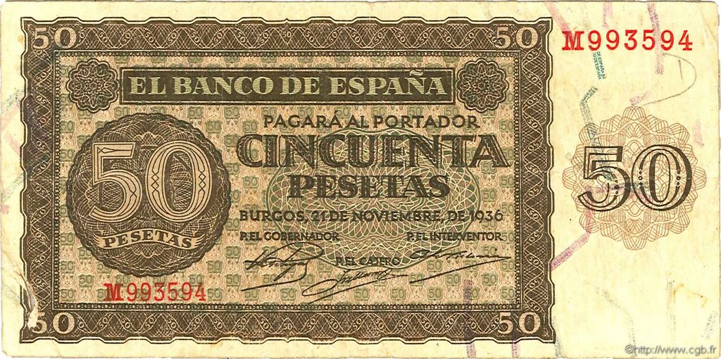 50 Pesetas SPAIN  1936 P.100 F - VF