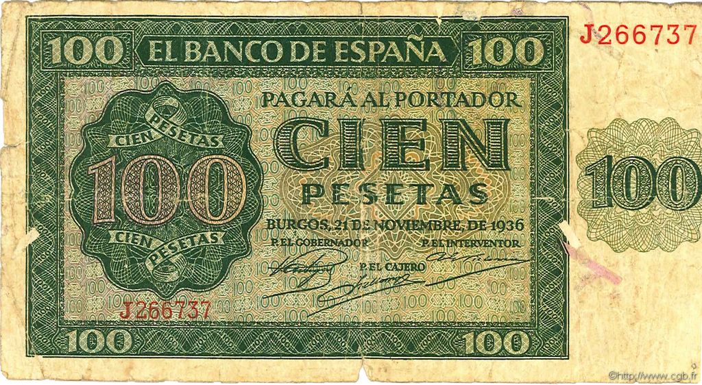 100 Pesetas SPAGNA  1936 P.101 B