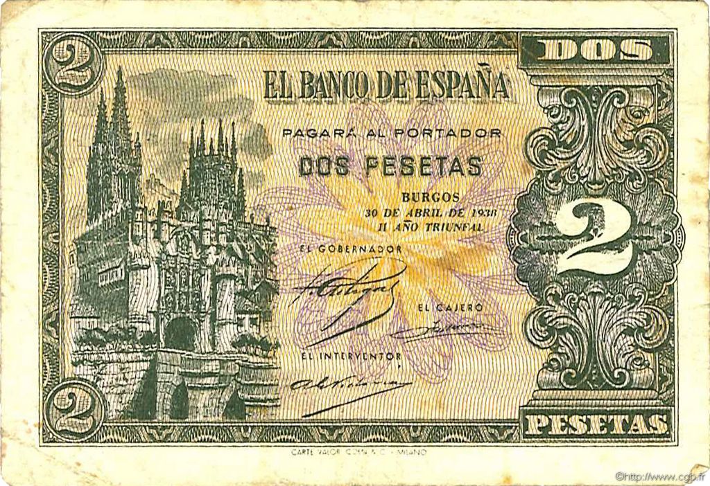 2 Pesetas ESPAÑA  1938 P.109a BC
