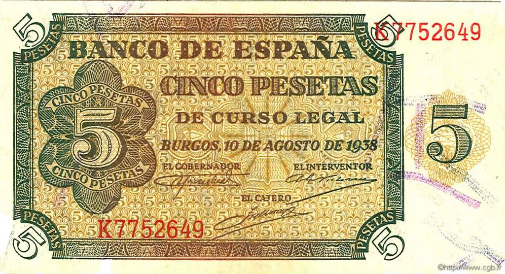 5 Pesetas ESPAÑA  1938 P.110a SC+