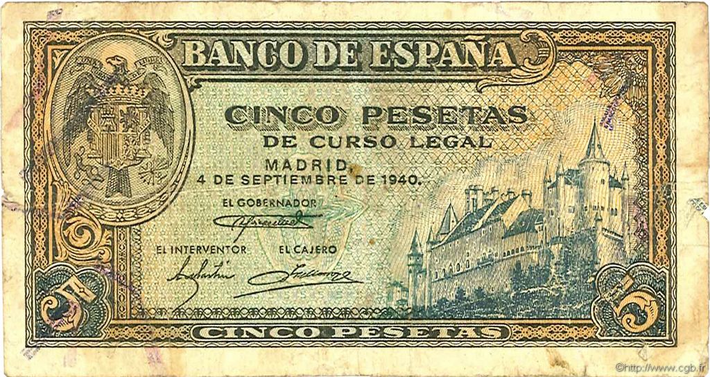 5 Pesetas SPANIEN  1940 P.123a fS