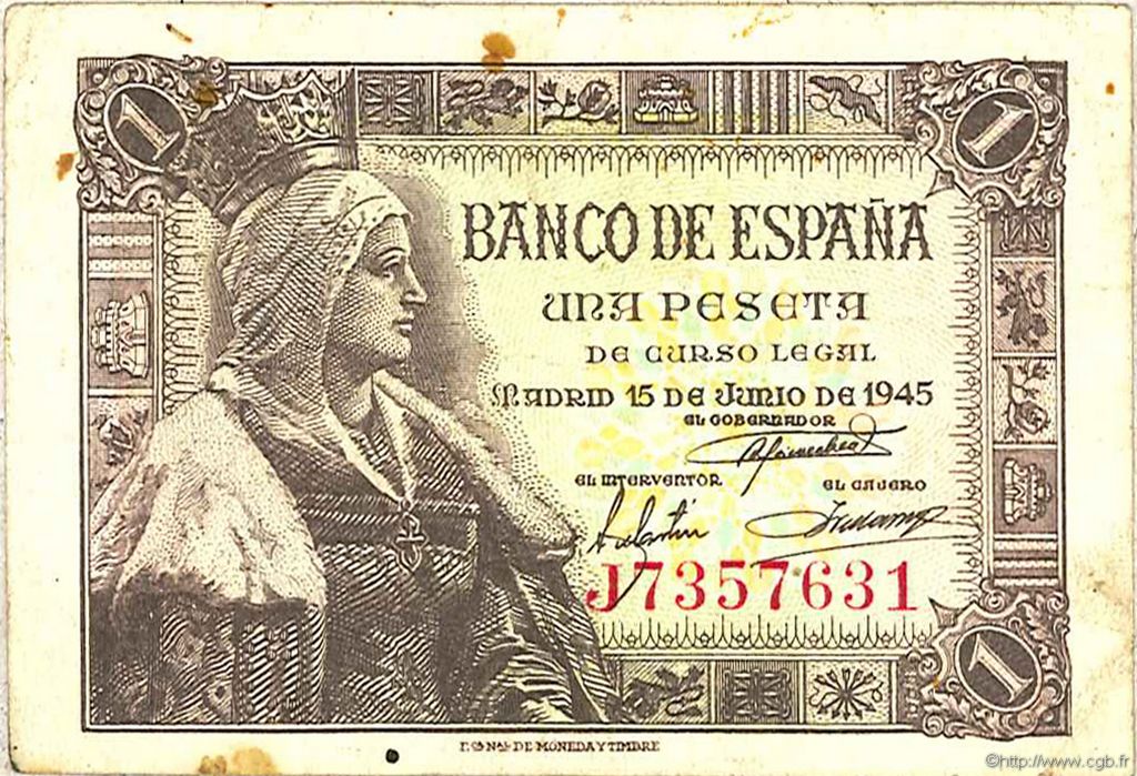 1 Peseta ESPAÑA  1945 P.128a MBC