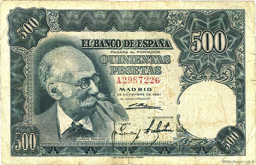 500 Pesetas ESPAÑA  1951 P.142a RC a BC