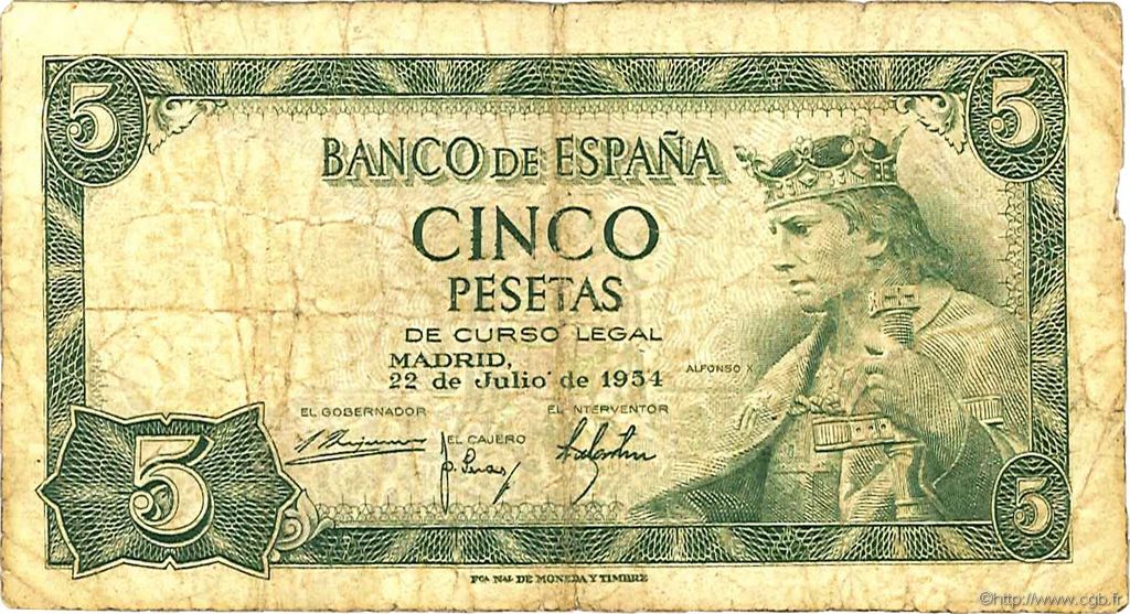 5 Pesetas SPAIN  1954 P.146a G