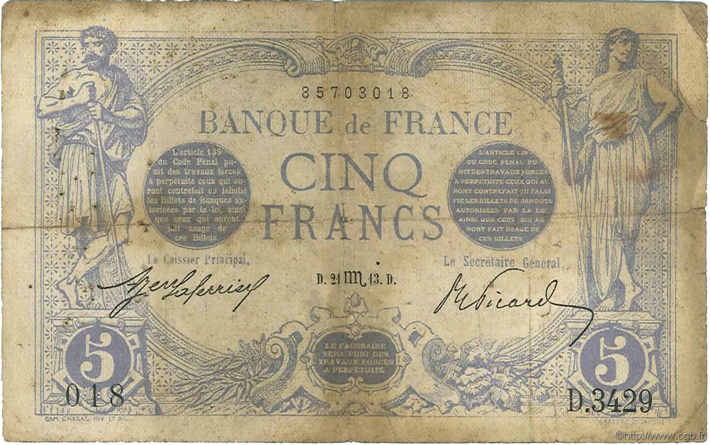 5 Francs BLEU FRANCE  1913 F.02.21 VG