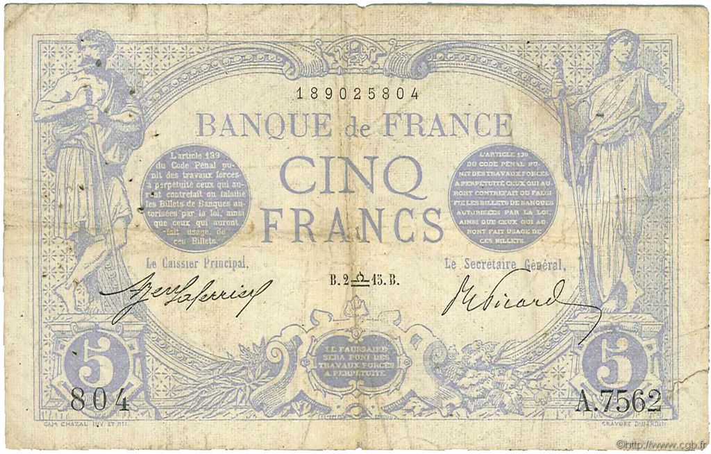 5 Francs BLEU FRANCE  1915 F.02.31 VG