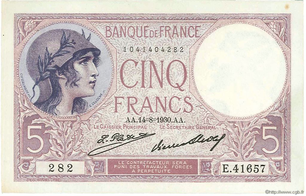 5 Francs FEMME CASQUÉE FRANCIA  1930 F.03.14 SPL a AU