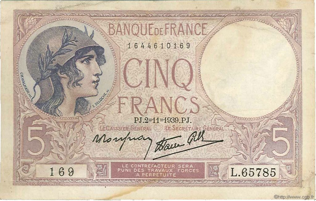 5 Francs FEMME CASQUÉE modifié FRANCIA  1939 F.04.14 BB