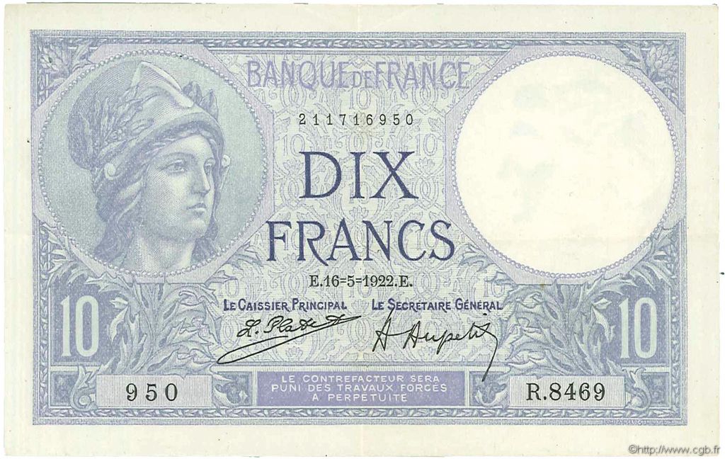 10 Francs MINERVE FRANCE  1922 F.06.06 XF-